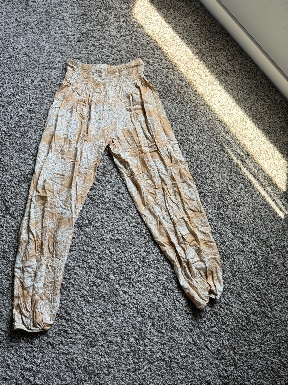 Lotus and Luna Cream Elastic-Waist Smocked Pants